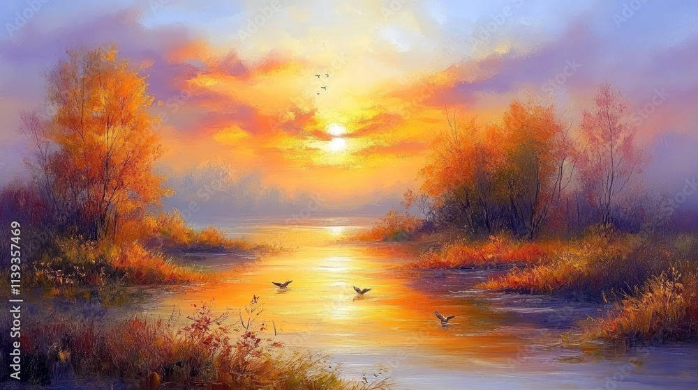 Autumnal sunrise over a serene lake. Colorful, tranquil scene with autumn foliage, birds, and a calm body of water. Sunrise hues paint the sky and trees. Autumnal sunrise over a serene lake. Colorful, tranquil scene with autumn foliage, birds, and a calm body of water. Sunrise hues paint the sky and trees.