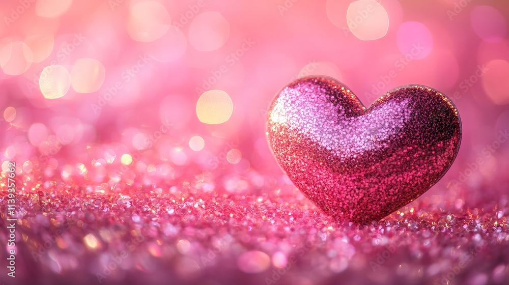 Obraz premium Panoramic heart-shaped glitter with soft bokeh lights on a sweet pink background for romantic and festive themes 