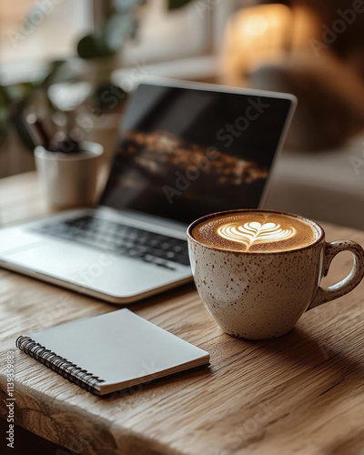 cozy workspace featuring laptop, coffee cup, and notepad