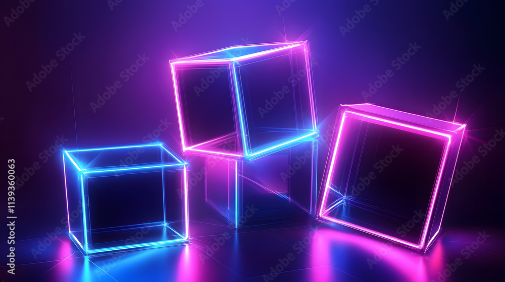 Digital cyber cube. Neon glowing cubes in motion with. Musical, gaming, technology, background with glowing 3d objects.
Digital cyber cube. Neon glowing cubes in motion with. Musical, gaming, technology, background with glowing 3d objects.