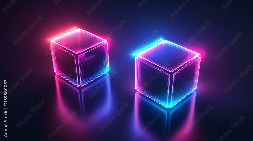 Digital cyber cube. Neon glowing cubes in motion with. Musical, gaming, technology, background with glowing 3d objects.
Digital cyber cube. Neon glowing cubes in motion with. Musical, gaming, technology, background with glowing 3d objects.