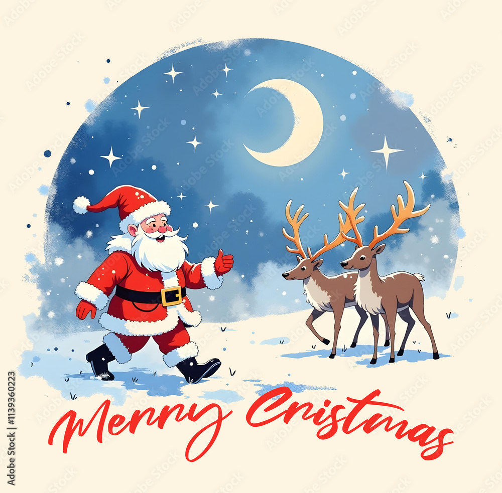 Fototapeta premium Watercolor illustration of a blue snowy scene with Santa Claus and his deers