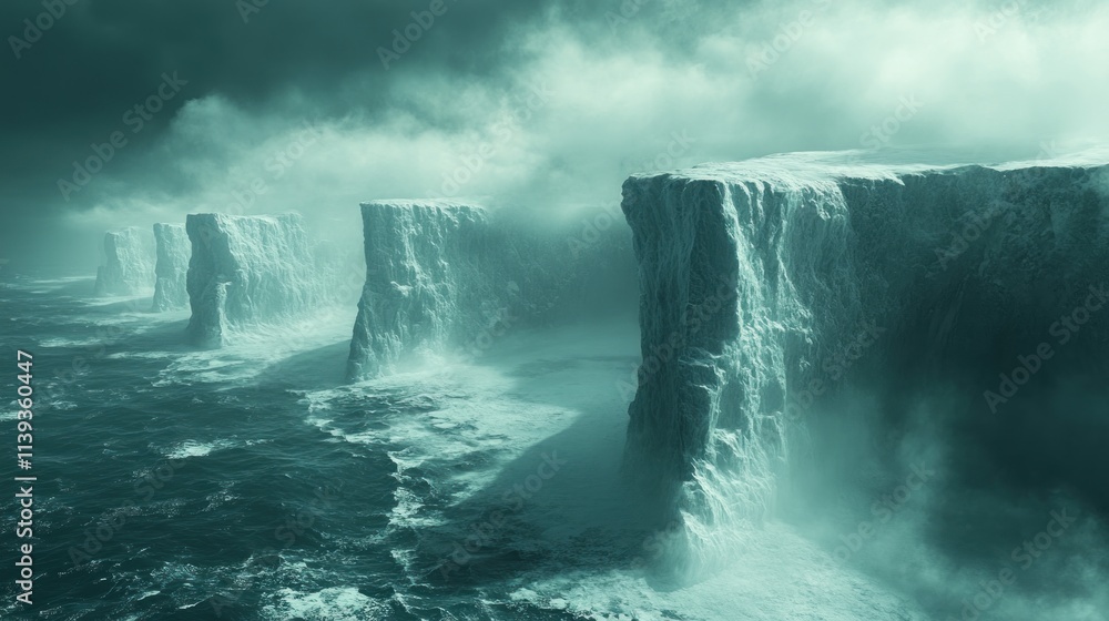 Stormy Seascape: Enigmatic Cliffs in a Misty Ocean Stormy Seascape: Enigmatic Cliffs in a Misty Ocean