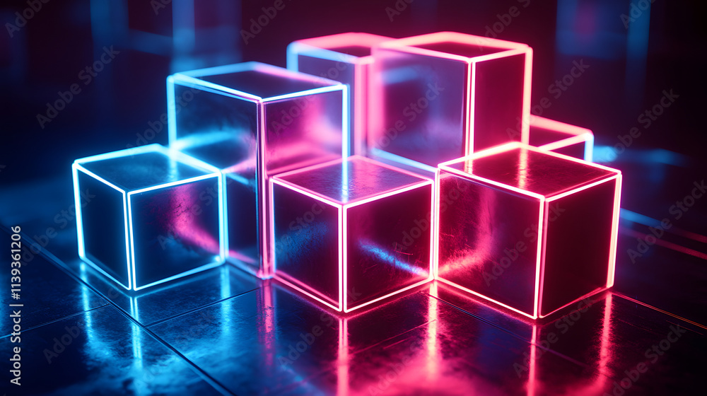Digital cyber cube. Neon glowing cubes in motion with. Musical, gaming, technology, background with glowing 3d objects.
Digital cyber cube. Neon glowing cubes in motion with. Musical, gaming, technology, background with glowing 3d objects.
