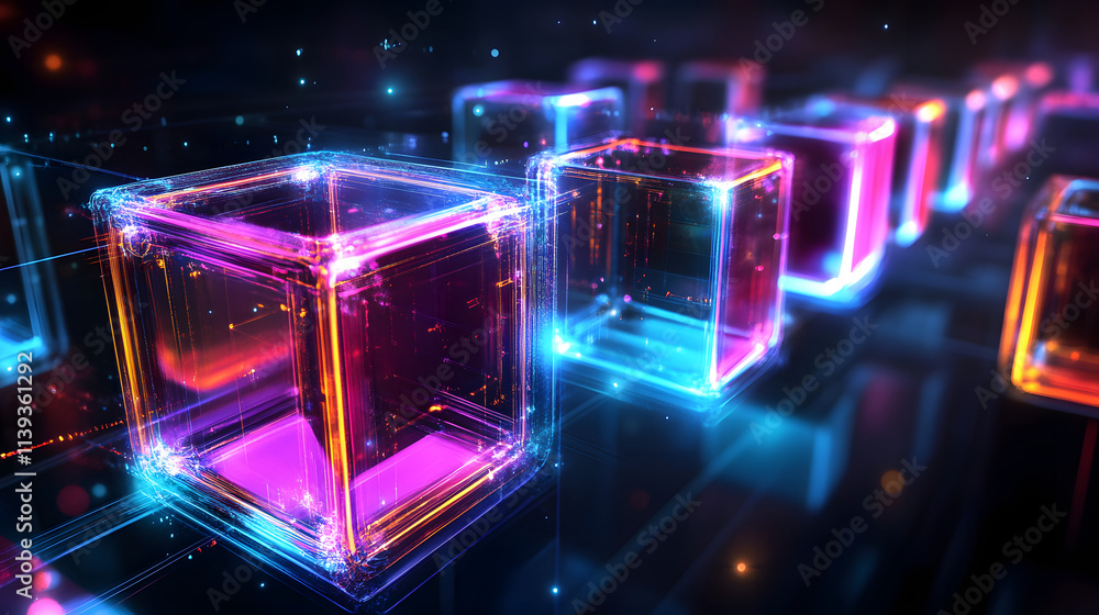 Obraz premium Digital cyber cube. Neon glowing cubes in motion with. Musical, gaming, technology, background with glowing 3d objects.