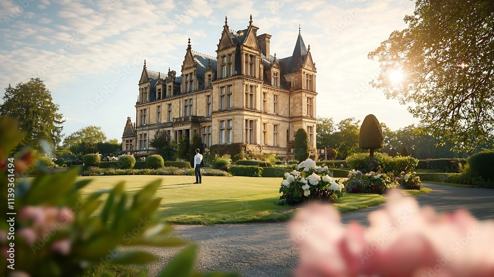 Fototapeta premium Majestic French Chateau with Symmetrical Architecture Tall Windows and Beautifully Manicured Gardens Offering Ample Copy Space