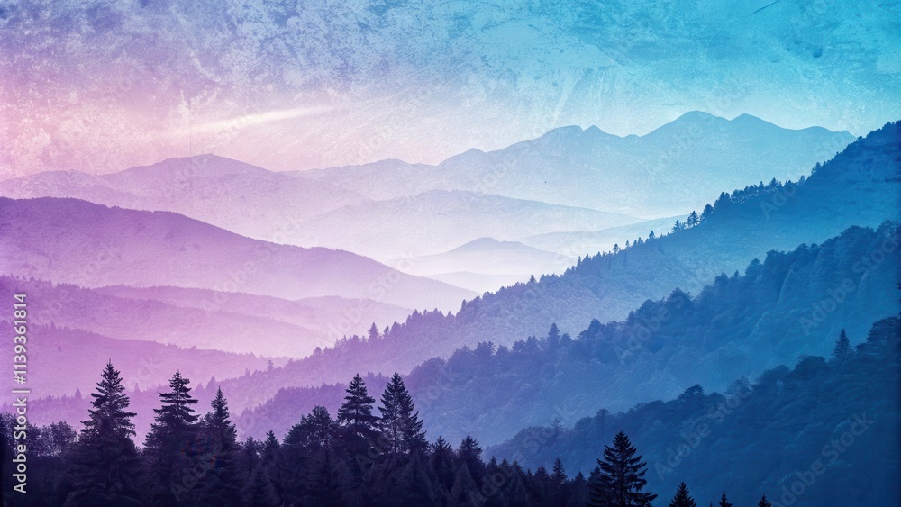 Serene layered mountains with a hazy purple and blue gradient effect, creating a tranquil and dreamlike landscape Serene layered mountains with a hazy purple and blue gradient effect, creating a tranquil and dreamlike landscape