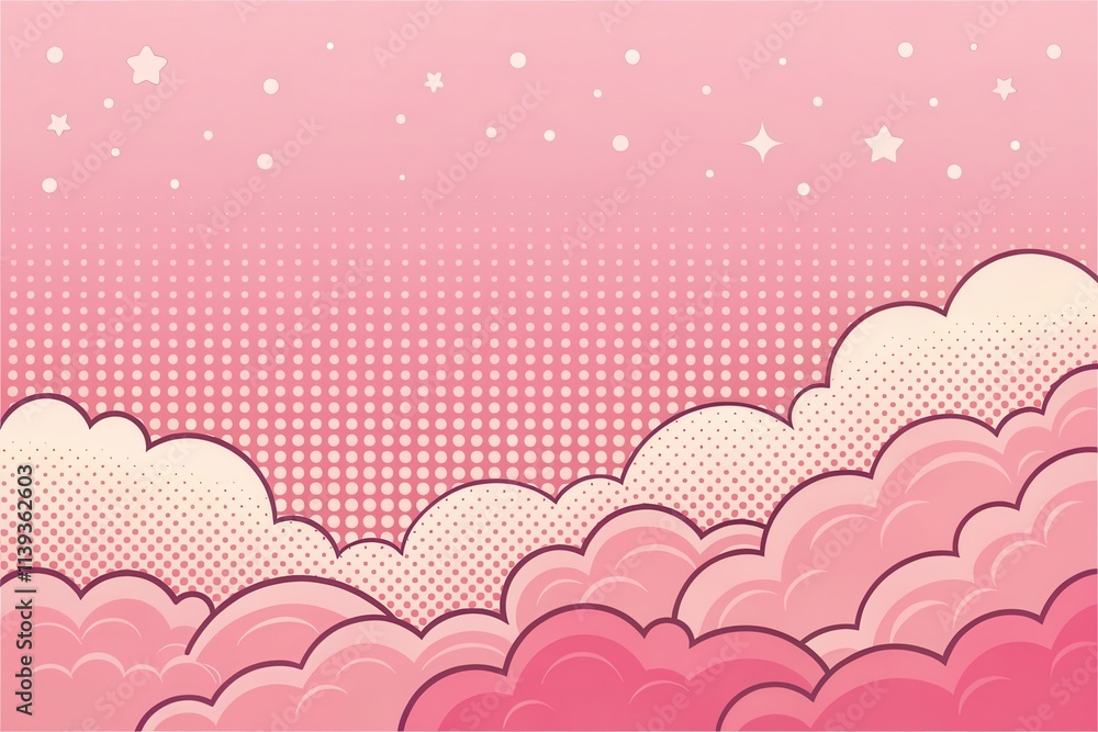 Pink Sky with Cartoon Clouds and Halftone Pattern Pink Sky with Cartoon Clouds and Halftone Pattern