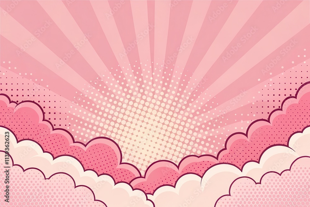 Pink Burst of Sunshine with Puffy Clouds A Retro Comic Book Style Background Pink Burst of Sunshine with Puffy Clouds A Retro Comic Book Style Background
