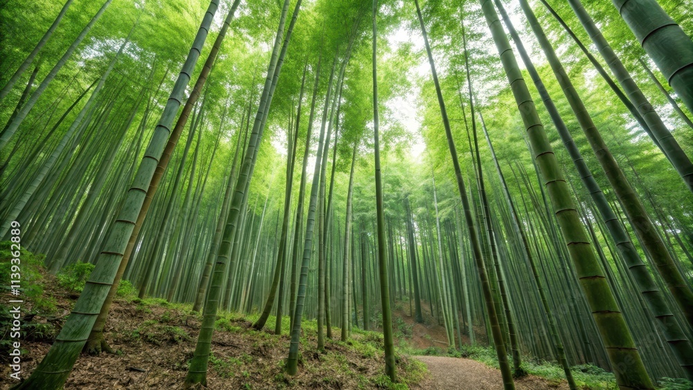 A Serene Path Through a Lush Bamboo Forest, Tall Green Stalks Reaching for the Sky A Serene Path Through a Lush Bamboo Forest, Tall Green Stalks Reaching for the Sky