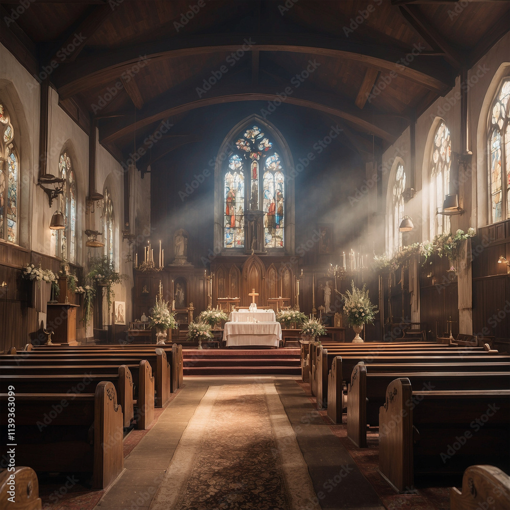 Fototapeta premium 教会 木造 アンティーク ビンテージ ステンドグラス 古い 十字架 窓 光 花束 祭壇