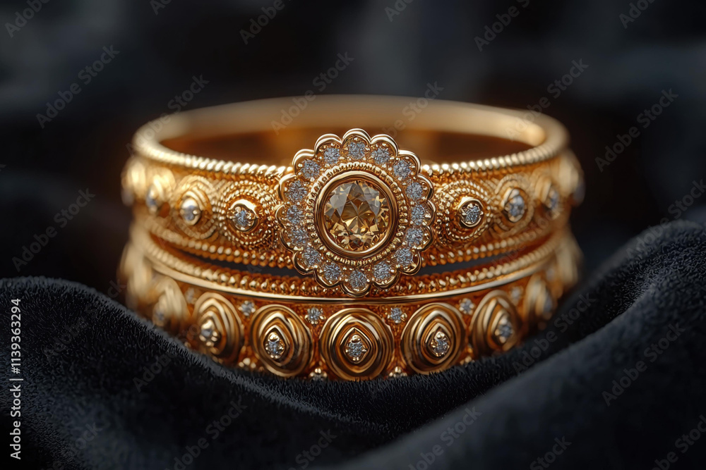 Luxurious gold jewelry with intricate designs and sparkling gems Luxurious gold jewelry with intricate designs and sparkling gems