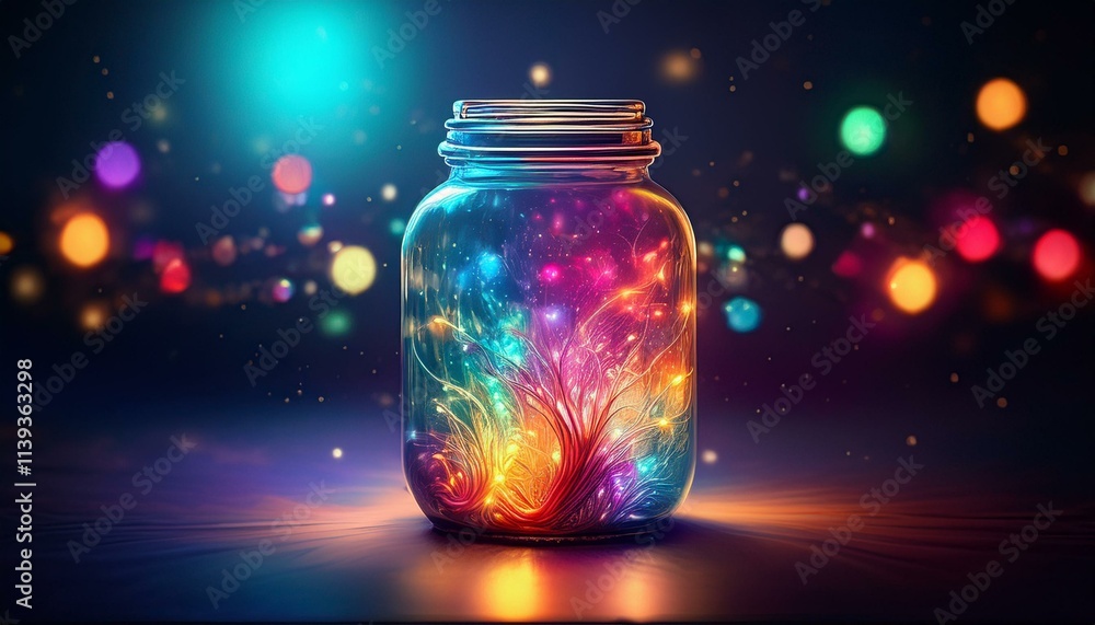 Dreams Concept - Colorful Lights In Jar - Glass Bottle With Liquid Dreams Concept - Colorful Lights In Jar - Glass Bottle With Liquid