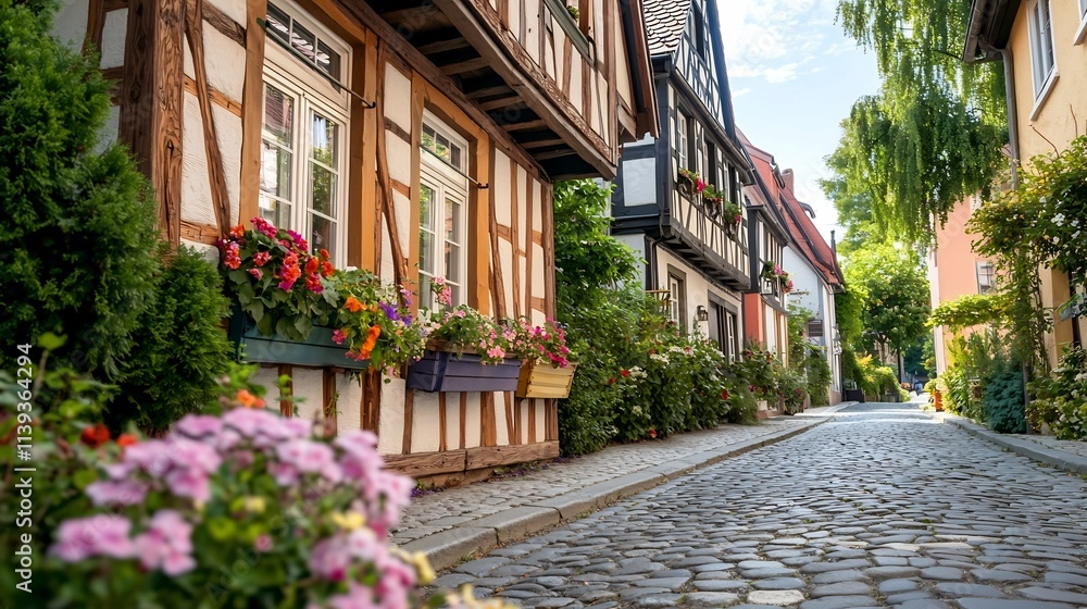 Fototapeta premium Charming German style half timbered house with vibrant wooden beams colorful flower boxes and a picturesque cobblestone street in a quaint and historic European town or village setting