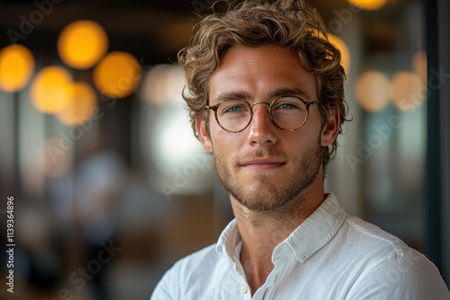 confident young entrepreneur with curly hair and glasses
