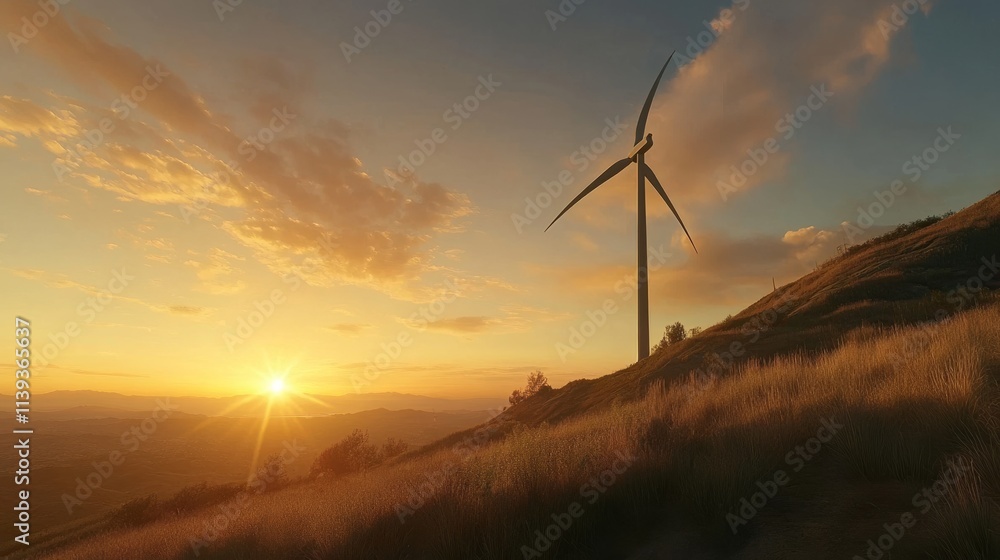 Obraz premium concept idea eco power energy. wind turbine on hill with sunset