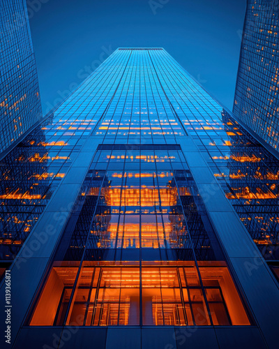 stunning photograph of modern skyscraper reflecting blue and orange hues