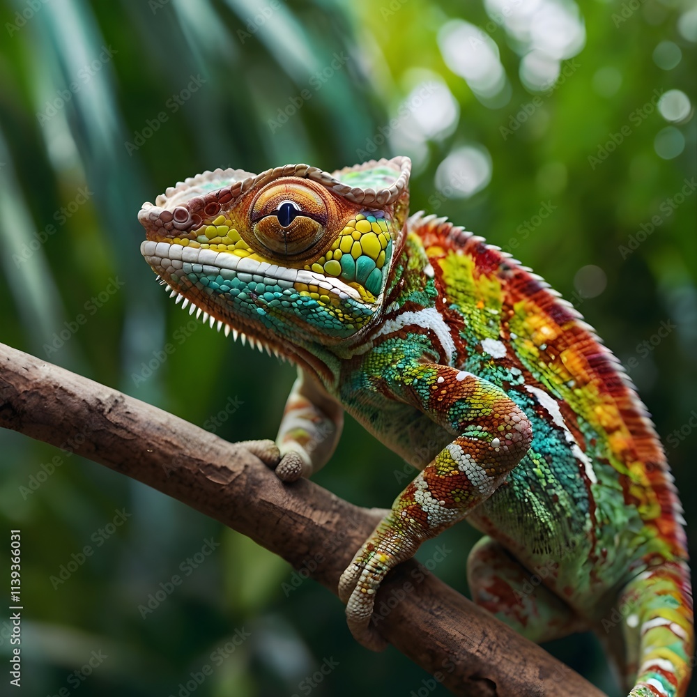 Obraz premium A close-up of a colorful chameleon clinging to a branch, with its textured skin and rotating eyes, against a blurred tropical jungle background,Generative Ai 