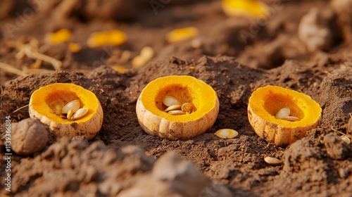 hand planting pumpkin seed of marrow in the vegetable garden photo