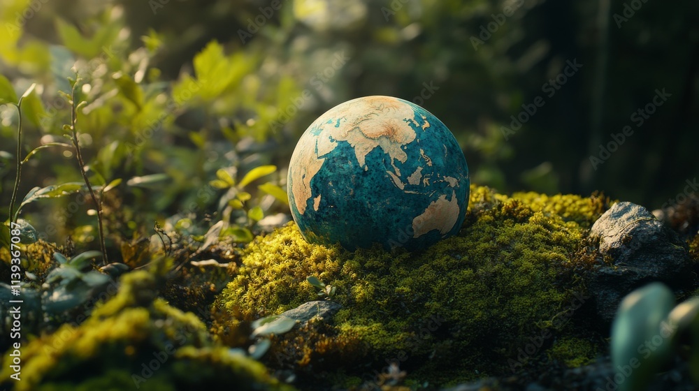 Globe On Moss In Forest - Environmental Concept
Globe On Moss In Forest - Environmental Concept