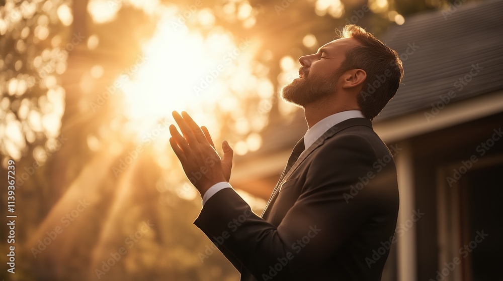 Man in suit praying in sunlight with bokeh effect. Spiritual moment concept Man in suit praying in sunlight with bokeh effect. Spiritual moment concept