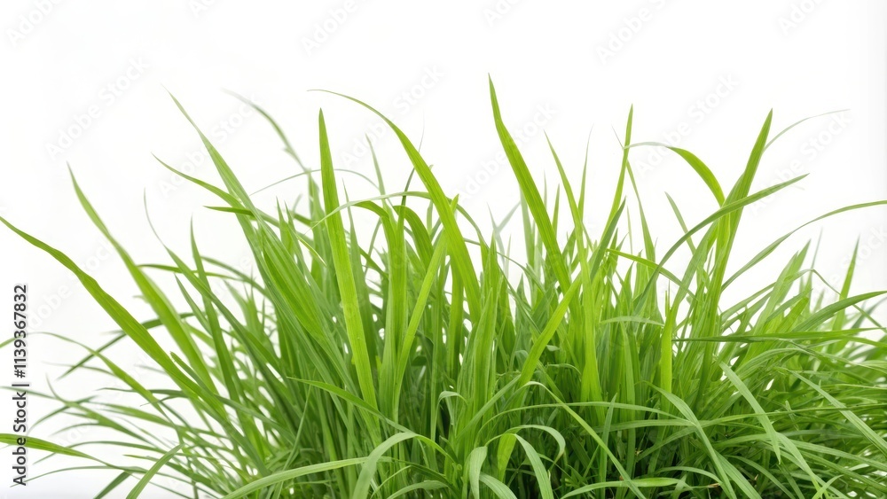 A vibrant cluster of lush green grass blades, isolated on a pure white background, showcasing the delicate texture and natural beauty of springtime growth. A vibrant cluster of lush green grass blades, isolated on a pure white background, showcasing the delicate texture and natural beauty of springtime growth.