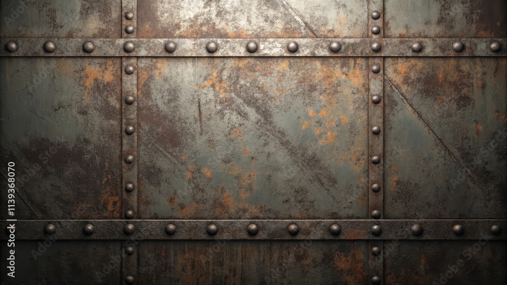Fototapeta premium Rustic Metal Panel with Aged Texture and Rivets A Weathered Industrial Background