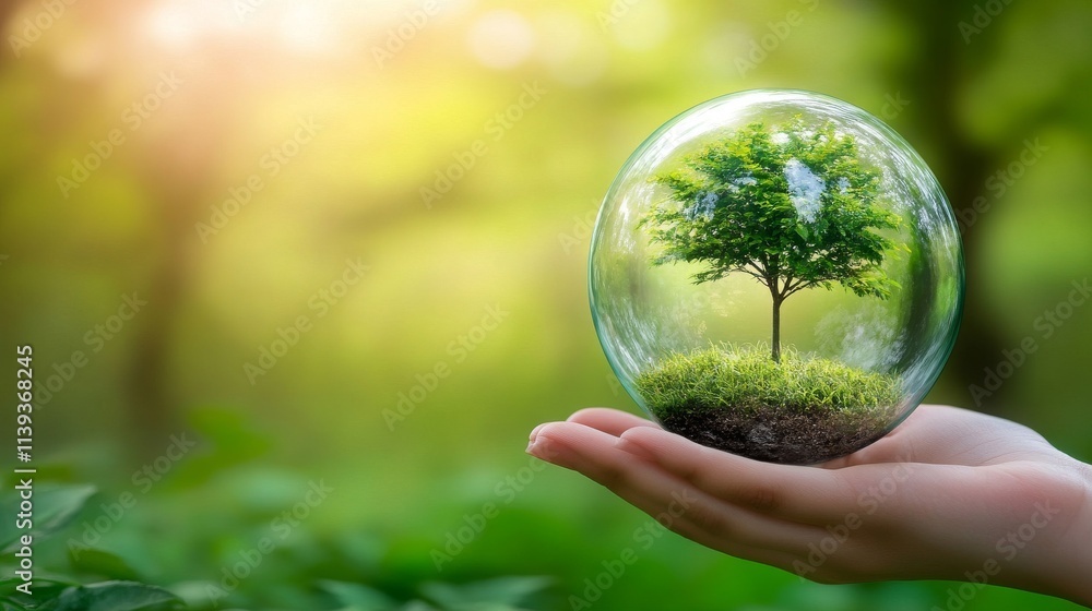 hand holding glass globe ball with tree growing and green nature blur background. eco concept hand holding glass globe ball with tree growing and green nature blur background. eco concept