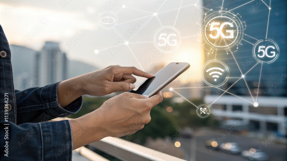 Connecting to the Future A Person's Hands Using a Smartphone Displaying a 5G Network Connection Connecting to the Future A Person's Hands Using a Smartphone Displaying a 5G Network Connection
