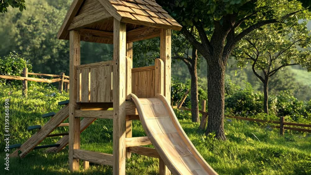 Children play structure with wooden slide in a lush green park during sunny day Children play structure with wooden slide in a lush green park during sunny day