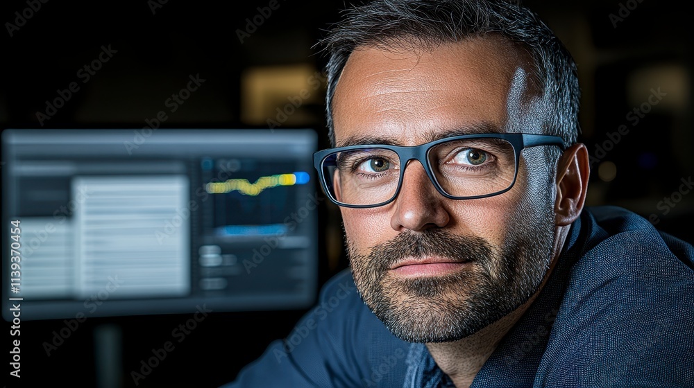 Focused businessman working late at computer screen Focused businessman working late at computer screen