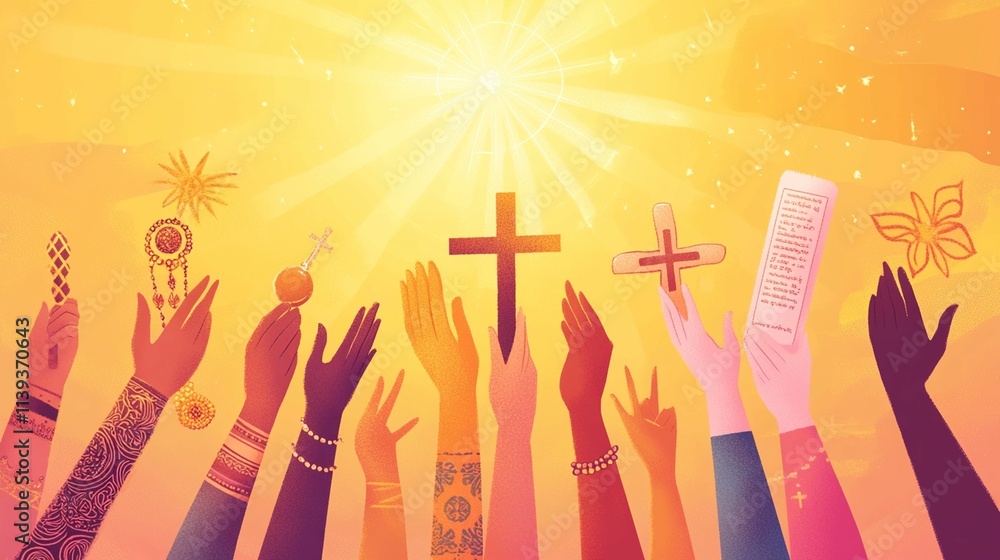 a vector illustration where hands of various skin tones hold different religious symbols a vector illustration where hands of various skin tones hold different religious symbols