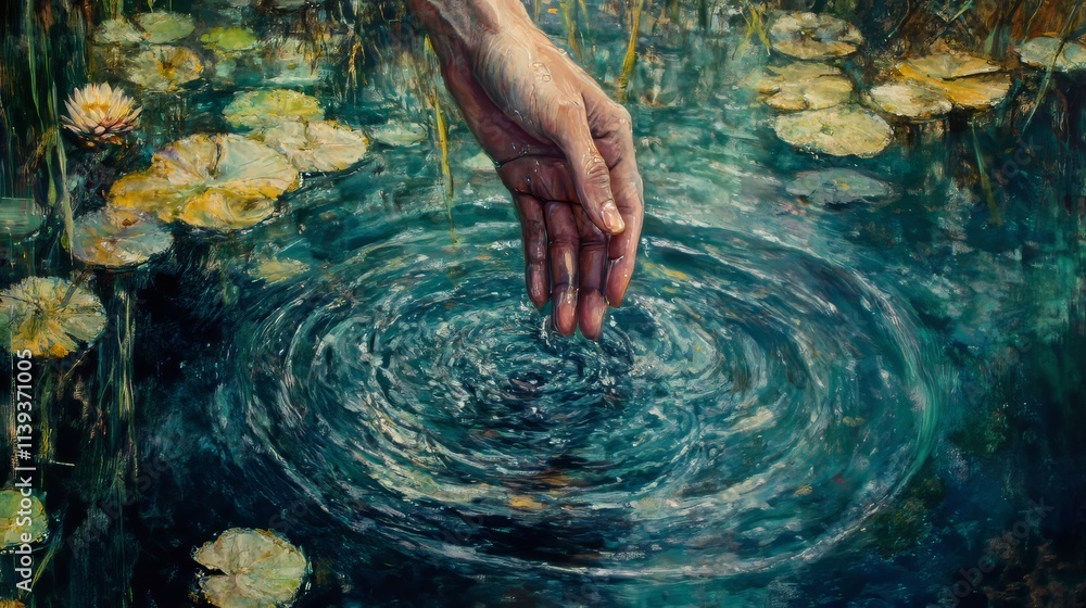 Fototapeta premium hand touches water in the pond