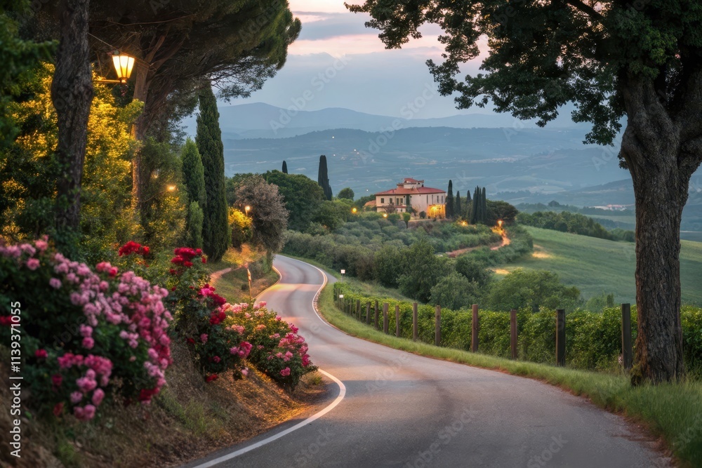 A winding road illuminated at dusk leads to a charming house nestled amidst rolling hills and vibrant rose bushes A winding road illuminated at dusk leads to a charming house nestled amidst rolling hills and vibrant rose bushes