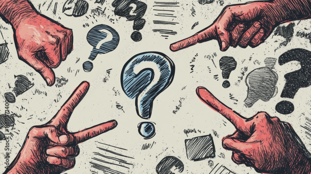 Question Pointing Modern collage with pointing hands and question mark. Halftone part of ...