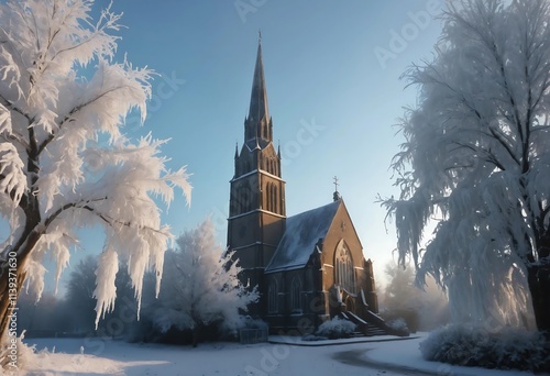 hurch with a tall steeple, covered in snow and ice, surrounded by trees photo