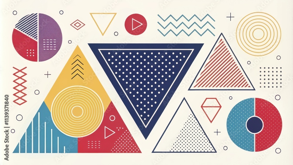 A vibrant collection of geometric shapes and patterns, featuring triangles, circles, and lines in a bold color palette. A vibrant collection of geometric shapes and patterns, featuring triangles, circles, and lines in a bold color palette.