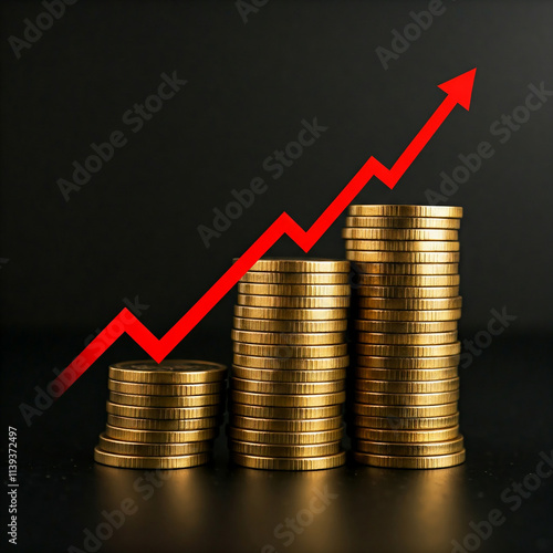 A stack of gold coins with red arrows pointing upwards, symbolizing financial growth and stock market rise. financial growth indicator. photo