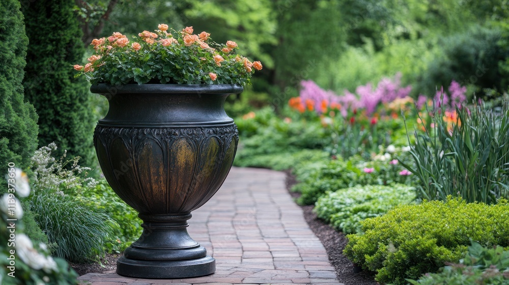 Ornate Garden Urn with Blooming Flowers on Brick Path