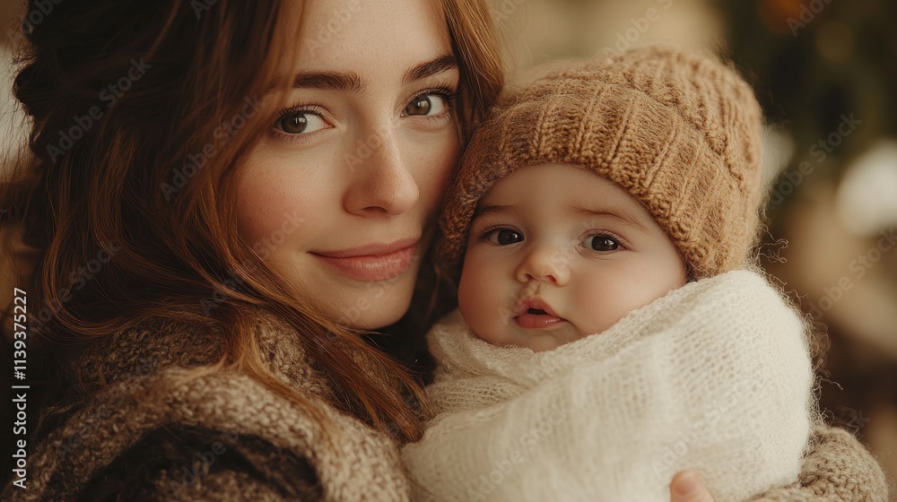 A warm embrace between a mother and her baby, showcasing love and tenderness in a cozy setting. A warm embrace between a mother and her baby, showcasing love and tenderness in a cozy setting.