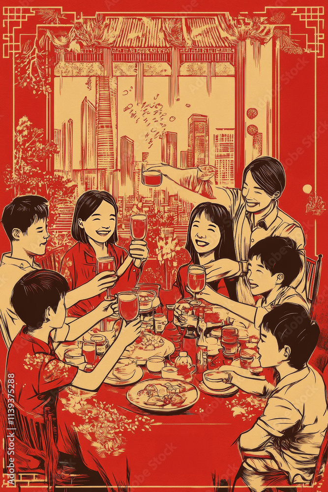 © Pakpong - Celebration of Chinese New Year in family dining scene, featuring joyful gathering with children and adults toasting with drinks. vibrant red and gold colors enhance festive atmosphere