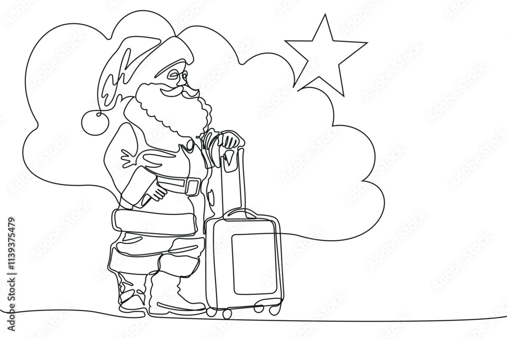 One continuous line drawing Santa Claus on reindeer and sled. concept for Christmas and New Year. vector illustration. Vector illustration