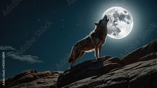 The silhouette of a wolf can be seen, howling from a rugged cliff beneath the bright light of a large full moon. photo