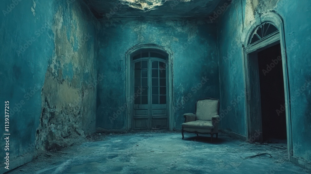 A Single Chair in a Decaying Teal Room A Single Chair in a Decaying Teal Room