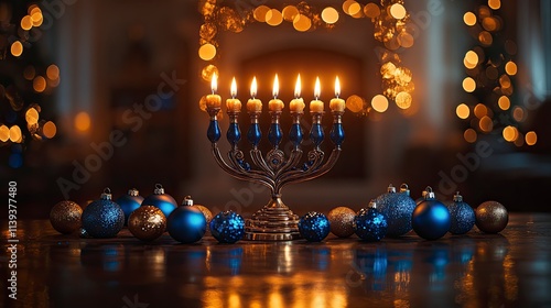 A snug living room decorated in silver and blue Hanukkah accents, featuring a glowing menorah on the table and colorful dreidels scattered throughout the space. photo