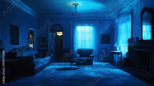 A dimly lit living room with blue walls, a couch, a chair, and a fireplace.