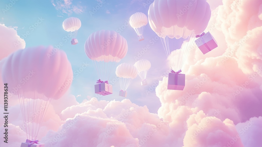 Obraz premium A Box flying on a parachute with pink cloud,vector illustration of package flying down from sky and cloud with parachute, concept for delivery service,shopping online,air delivery service.