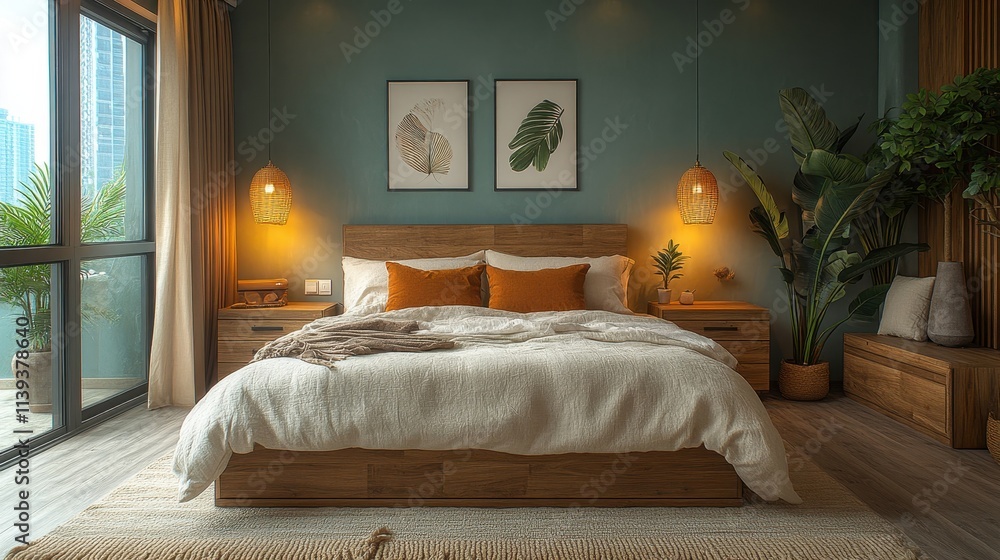 custom made wallpaper toronto digitalA modern bedroom with a tropical vibe, featuring a teal wall, wooden furniture, and lush plants.