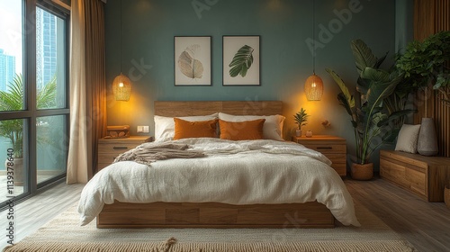 Wallpaper Mural A modern bedroom with a tropical vibe, featuring a teal wall, wooden furniture, and lush plants. Torontodigital.ca