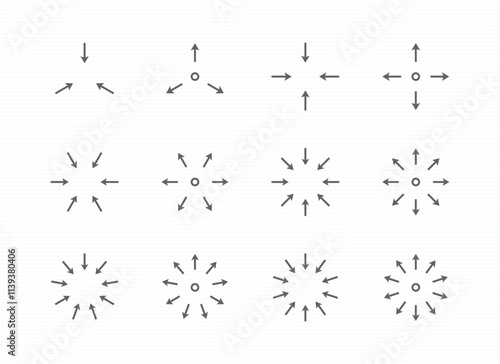 Arrow circle pointing inward and ourward icon set. editable stroke vector illustration